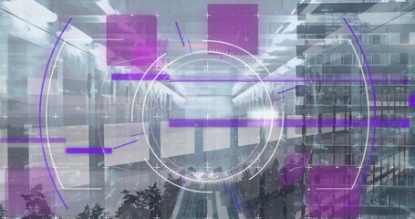 Displaying digital overlay hovering over atrium walkway, with purple lines, white crosshair