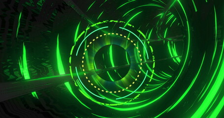 Image of processing circle over black screen with tunnel made of green circles