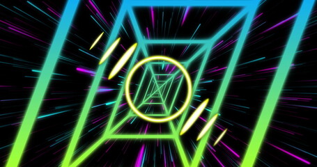 Image of neon circle over digital screen with neon tunnel and lights