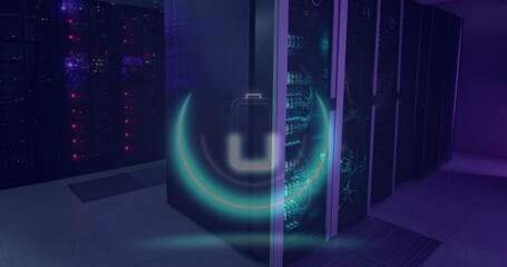 Image of neon circle with battery over servers