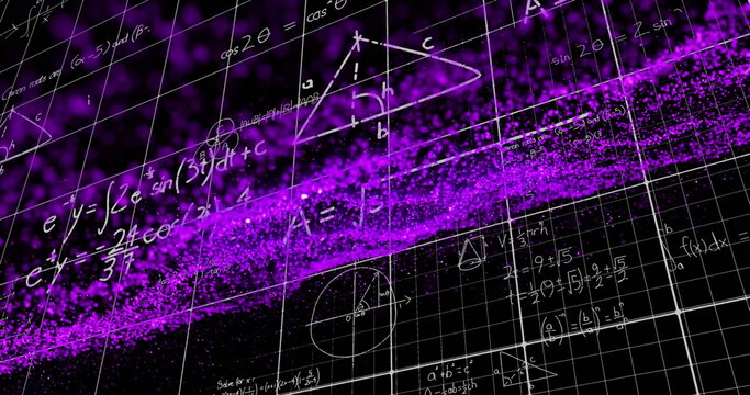 Image of math formulas and purple glitter on black background