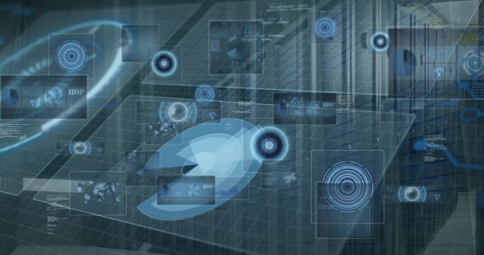 Image of data processing and multiple round scanners against computer server room