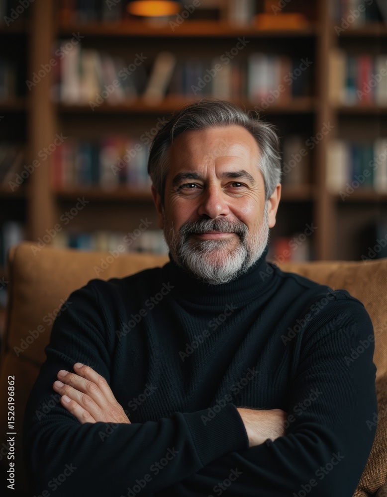 Poster a man smiling confidently in a modern library setting