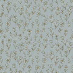 Floral pattern featuring delicate line drawings of various flowers and leaves on a light blue background. 