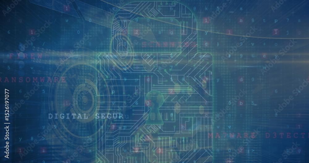 Poster image of digital padlock with integrated circuit over data processing on navy screen