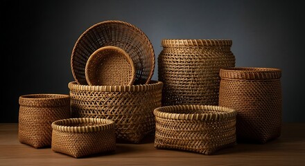 Fototapeta premium Collection of handcrafted woven baskets on wooden surface