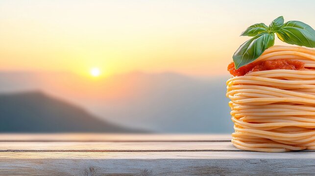 Sunset-lit spaghetti stack with tomato sauce and basil, on a rustic wooden table against a blurred mountain backdrop