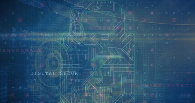 Image of digital padlock with integrated circuit over data processing on navy screen