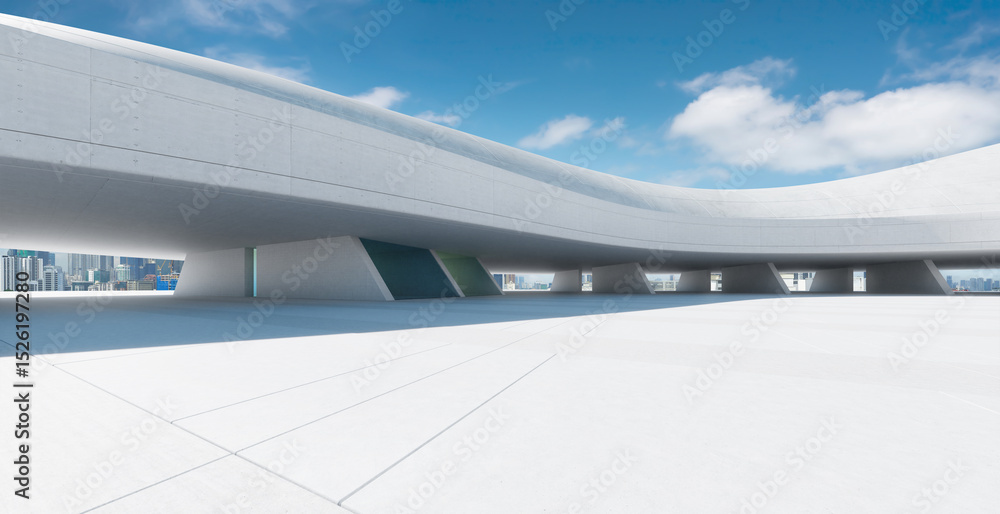 Aufkleber 3d rendering empty concrete ground under futuristic building with city skyline in background