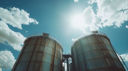 Two large, weathered silos stand against a bright blue sky with fluffy clouds. Use this image to portray industry, agriculture, or infrastructure concepts.