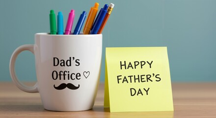 HAPPY FATHER'S DAY message on a yellow sticky note beside a Dad's Office mug. Fatherhood celebration with office supplies, pens, and pencils on a wooden desk.