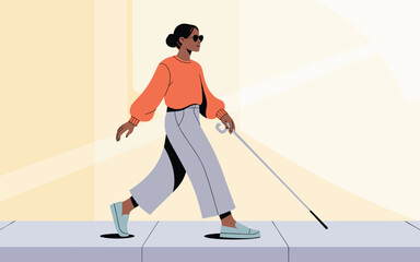 Confident blind woman walking with white cane and wearing sunglasses, modern flat illustration of independence
