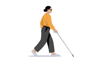 Confident blind woman walking with white cane and wearing sunglasses, modern flat illustration of independence
