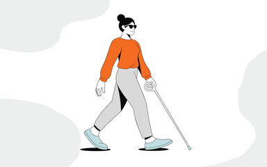 Confident blind woman walking with white cane and wearing sunglasses, modern flat illustration of independence
