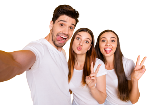 Self-portrait of three nice attractive lovely charming cheerful cheery positive person sending you kiss having fun showing v-sign isolated over bright vivid shine yellow background - Powered by Adobe