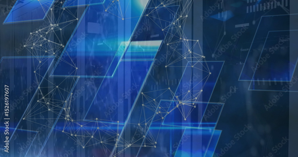 Poster image of network of connections and blue square shapes over computer server room