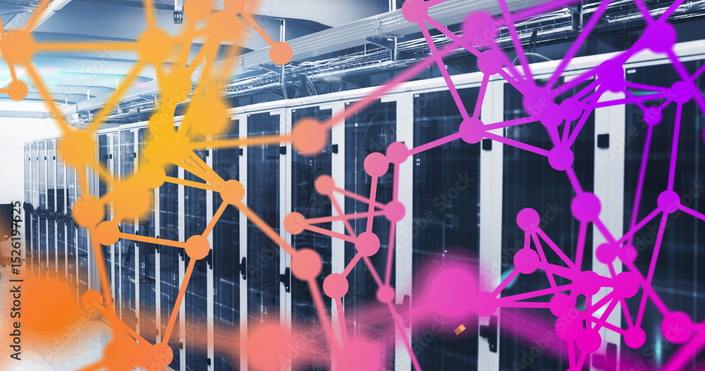 Poster image of network of connections and golden confetti falling against computer server room