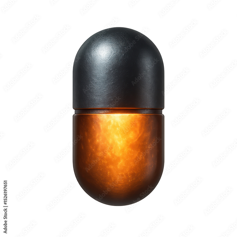 Poster futuristic capsule with glowing core, showcasing sleek design and captivating orange light emanating