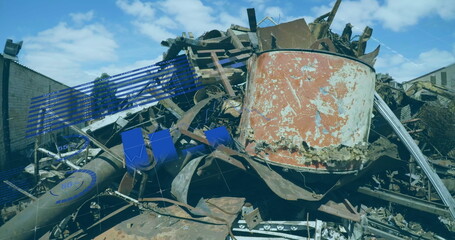 Fototapeta premium Displaying heap of rusted metal scraps at scrap yard, with corroded tank pipes beams chart overlay