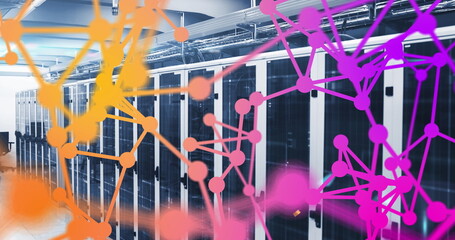Image of network of connections and golden confetti falling against computer server room