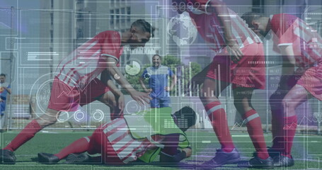 Image of statistics and data processing over diverse football players on pitch