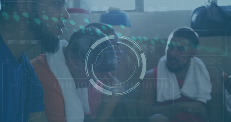 Image of scope and data processing over diverse football players in changing room