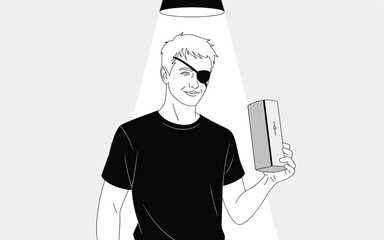 Black and white illustration of a young man with an eye patch reading a book, symbolizing resilience and intellect
