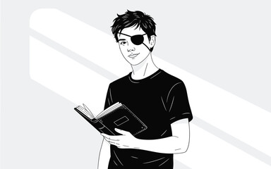 Black and white illustration of a young man with an eye patch reading a book, symbolizing resilience and intellect
