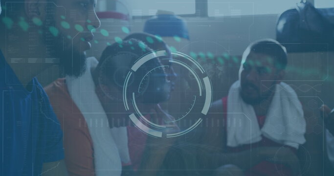 Image of scope and data processing over diverse football players in changing room