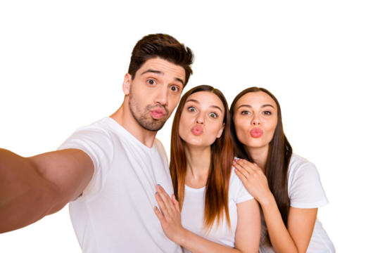 Self-portrait of three nice attractive lovely lovable charming cheerful cheery positive person sending you kiss having fun isolated over bright vivid shine yellow background