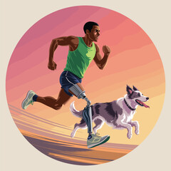 Athletic man with prosthetic legs running with dog at sunset, symbol of strength and resilience
