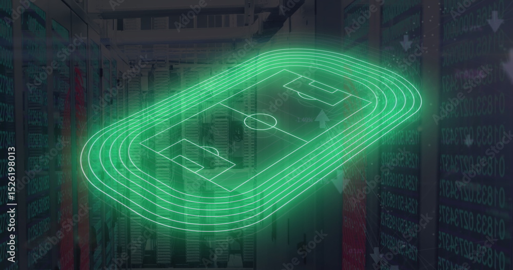 Poster image of green neon football stadium and data processing over computer server room