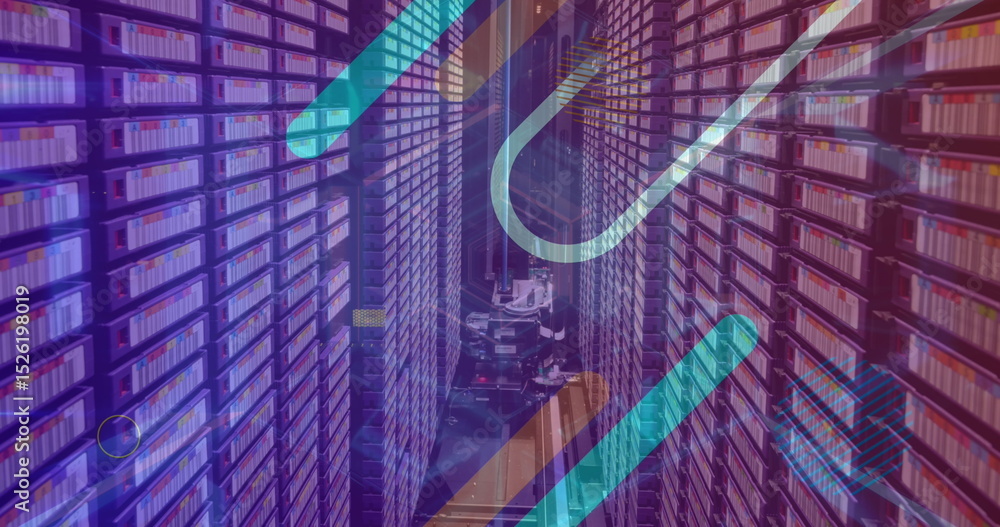Poster image of neon glowing tunnel in seamless pattern against computer server room