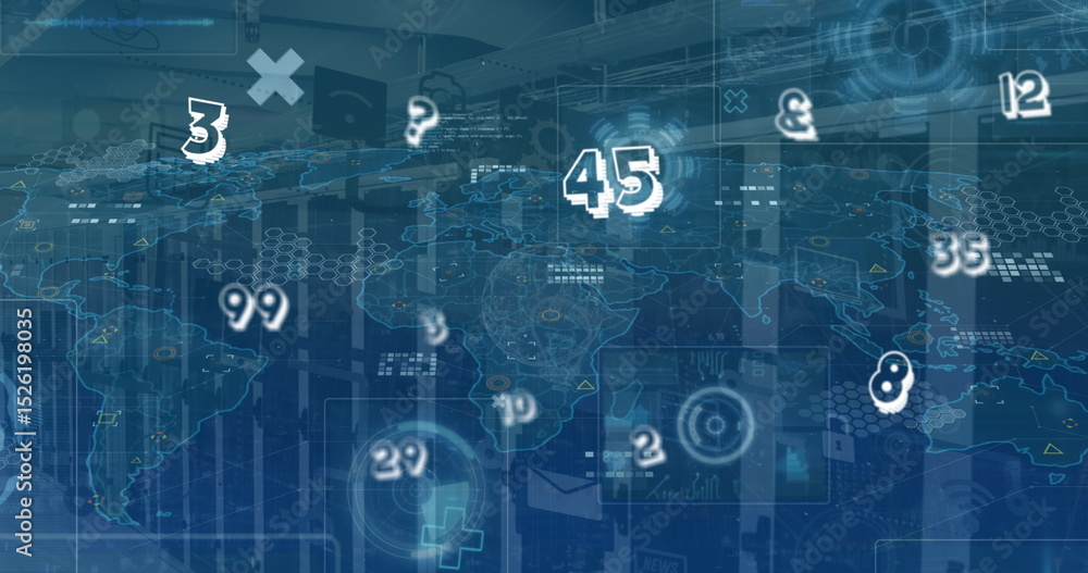 Poster image of data processing and graphs and charts over computer server room