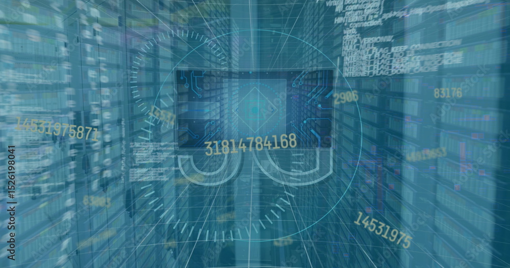 Poster image of 5g text, statistics and data processing over computer servers in background