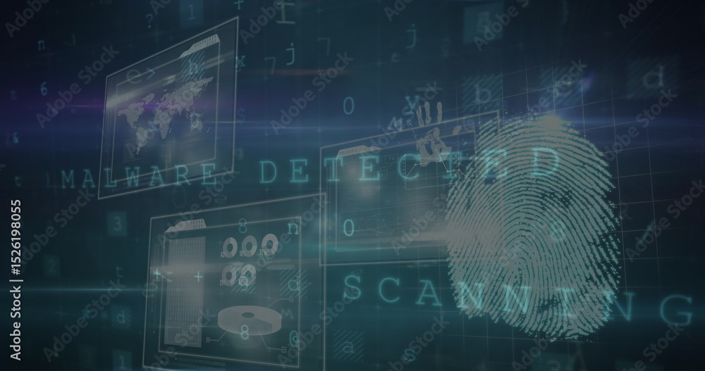 Poster image of padlock icon over data processing and fingerprint on black background