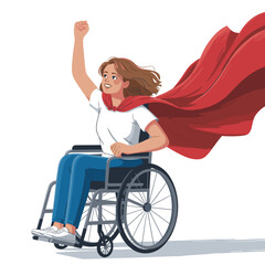 Empowered woman in wheelchair wearing red superhero cape, raising fist in triumph and confidence
