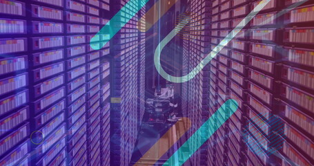 Image of neon glowing tunnel in seamless pattern against computer server room