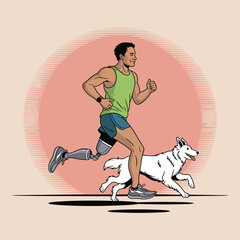 Athletic man with prosthetic legs running with dog at sunset, symbol of strength and resilience
