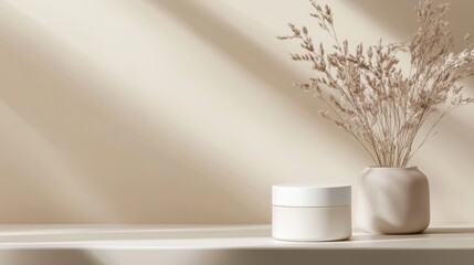 Beige studio shot of cream jar, vase, dried flowers, and shadows. Ideal for cosmetic product mockups or website backgrounds.