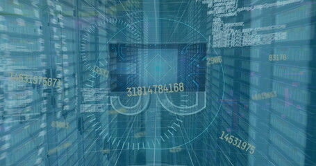 Image of 5g text, statistics and data processing over computer servers in background
