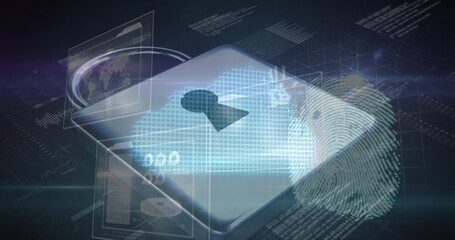 Image of padlock icon over data processing and fingerprint on black background