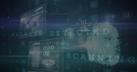 Image of padlock icon over data processing and fingerprint on black background