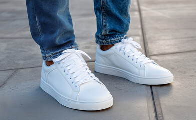 A close-up of white sneakers with laces, worn by the legs and feet of an attractive young man in blue jeans, showcasing their style and fashion sense