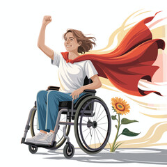 Empowered woman in wheelchair wearing red superhero cape, raising fist in triumph and confidence
