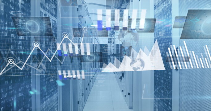 Image of statistical data processing against empty computer server room - Powered by Adobe