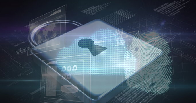Image of padlock icon over data processing and fingerprint on black background - Powered by Adobe