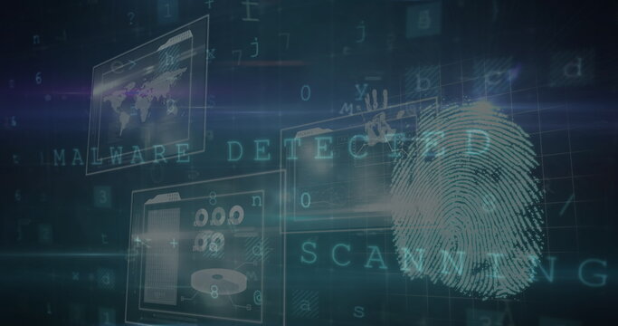 Image of padlock icon over data processing and fingerprint on black background