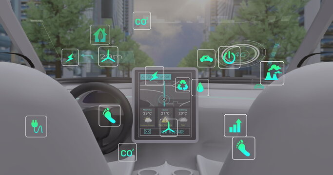 Fototapeta Image of icons and data processing over car interior