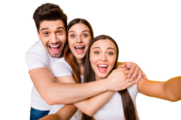 Self-portrait of three nice attractive lovely cheerful cheery positive playful person buddy fellow...